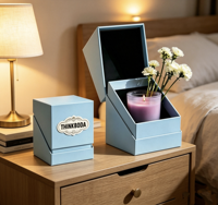 Boîte cadeau de luxe bleu clair à couvercle incliné, emballage de bougie en carton rigide avec logo personnalisé imprimé, étui de présentation à ouverture angulaire
