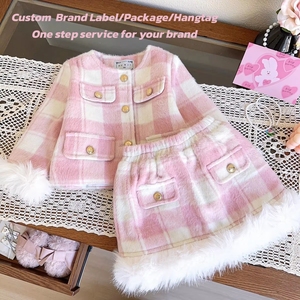 Ensemble Luxe Hiver Veste-Jupe Rose Uni pour Filles, Costume en Coton à Carreaux avec Fourrure, Style Décontracté, Nouvelle Marque Vêtements pour Filles - Product Image 2