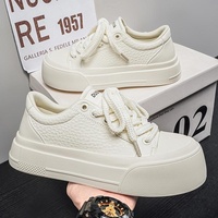 Baskets basses plates pour femme, style 'Cookie', blanches, en cuir microfibre, à lacets, Nouvelle collection Printemps 2026, style rétro coréen