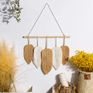 Boho Nordic Handmade Large Color Wooden Woven Dyed Macrame Nursery Leaf Wall Hanging Tapestries Decoration For Backdrop Bedroom