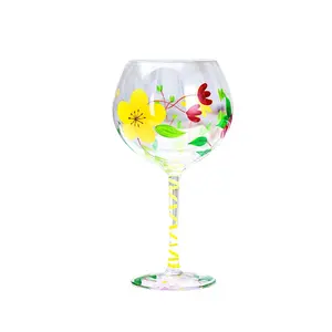 Factory Wholesale Handmade Glassware 640ml Leaf-Free Crystal Glasses Hand Painted Colorful Flower Gift Design Glass Goblet