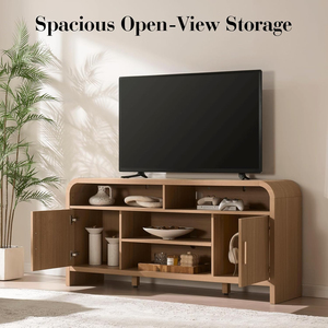 Contemporary Curved Profile Design TV <b>Cabinet</b> 2 Doors Console Table Wood Entertainment Center Furniture Light Oak Grey - Product Image 3