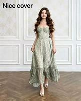 Robe de soirée Nicecover à bretelles spaghetti, motif floral vert, taille cintrée, ourlet irrégulier à volants, idéale pour les vacances – Nouvelle collection très prisée