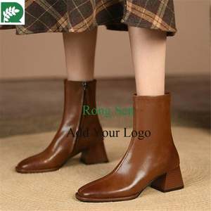 Venta caliente de invierno tendencia de moda <span class=keywords><strong>punta</strong></span> <span class=keywords><strong>cuadrada</strong></span> cuero de vaca tacones gruesos tobillo cremallera bota romana botín país niño bota - Product Image 5