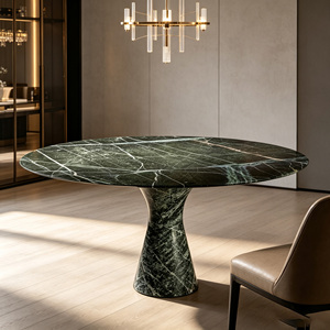 <span class=keywords><strong>Table</strong></span> à manger en marbre vert foncé Moody, piétement cintré unique, plateau rond allongé, veines naturelles, <span class=keywords><strong>table</strong></span> à manger contemporaine - Product Image 4