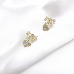 Nyuu Bowknot Heart <b>Stud</b> Earrings Gold Zircon <b>Silver</b> Post Women Fashion Jewelry Gift - Product Image 3