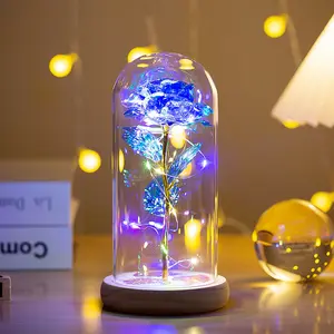 Galaxy Rainbow Rose Led Light Preserved In Glass Bell Dome With Black Wooden Base