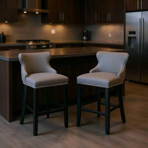 Set di 2 sgabelli da bar contemporanei in velluto grigio con schienale a orecchioni, struttura in metallo imbottita, mobili da bar moderni - Product Image 2