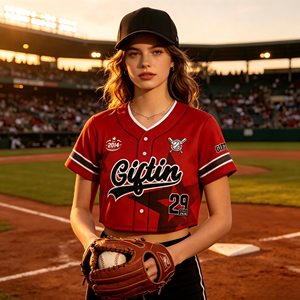 Maillot de baseball court personnalisé pour femme, col en V, avec empiècements contrastants, haut court de sport, logo et numéro imprimés sur mesure, uniforme d'équipe F - Product Image 2