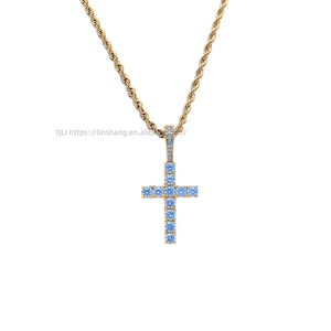 Classic Small Solid Blue CZ <b>Cross</b> Pendant Necklace, Men's Hip Hop Sea Blue Zirconia Jewelry - Product Image 4