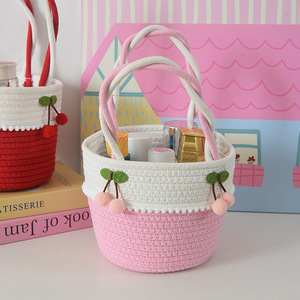 Cherry Handheld <b>Storage</b> Basket Pink Round Woven Basket For Wedding Favor Gift <b>Box</b> <b>Small</b> Size Handmade Craft Basket - Product Image 1
