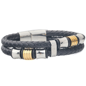 Double Layer Woven <b>Leather</b> Stainless Steel <b>Bracelet</b> 22MM Women's Gift Jewelry - Product Image 2