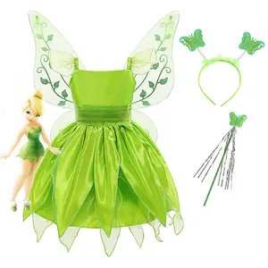 Green Fairy Costume for Girls Birthday Party Toddler Tinker Bell Dress Halloween Outfit with wing
