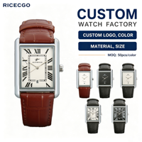 RICECGO OEM Montre à quartz personnalisée, design de logo personnalisé, bracelet en cuir, résistante à l'eau, pour hommes et femmes, fournisseur en gros