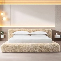 Lit double en bois écologique de luxe léger français, confortable, pour chambre principale, en tissu de laine d'agneau, moderne, simple et doux