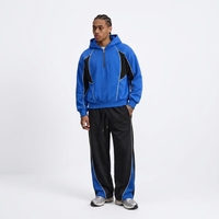 Ensemble de survêtement pour homme, bleu et noir, à blocs de couleur, avec capuche et demi-zip, avec passepoil blanc, tenue décontractée sportive en deux pièces