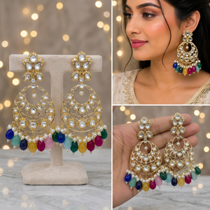 Boucles d'oreilles tendance de haute qualité, style ethnique traditionnel, en alliage plaqué or, serties de pierres, perles et Kundan, motif Paisley - Product Image 3