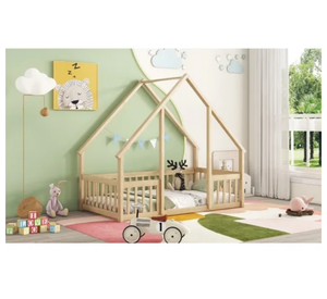 Estructura de <span class=keywords><strong>Cama</strong></span> <span class=keywords><strong>Doble</strong></span> con Barandillas en Forma de Techo de Casa, Construcción de Madera, Diseño <span class=keywords><strong>Montessori</strong></span>, Color Natural - Product Image 4