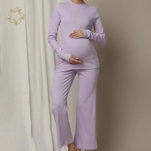 <span class=keywords><strong>Pijama</strong></span> de maternidad de manga larga de algodón orgánico para embarazadas, <span class=keywords><strong>pijama</strong></span> de <span class=keywords><strong>lactancia</strong></span> acanalado ecológico - Product Image 5