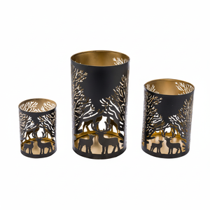 Hecho a mano negro/blanco ciervo grabado diseño Metal S/3 forma portavelas votivo recubierto de polvo Navidad decoración del hogar tendencia - Product Image 1