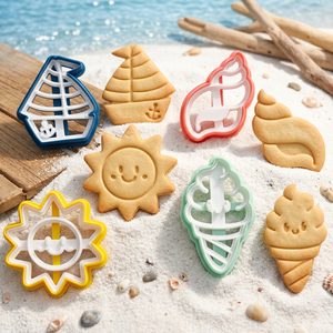 Lot de 4 emporte-pièces et emporte-moules d'été, tampons à <span class=keywords><strong>biscuits</strong></span> en plastique moulé par injection lisse, motifs mignons Voilier, Soleil, Coquille de crème glacée - Product Image 2