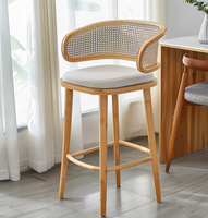 Chaise de bar tissée, chaise en bois d'intérieur, pieds en bois, dossier en rotin, siège rembourré, tabouret de bar de comptoir