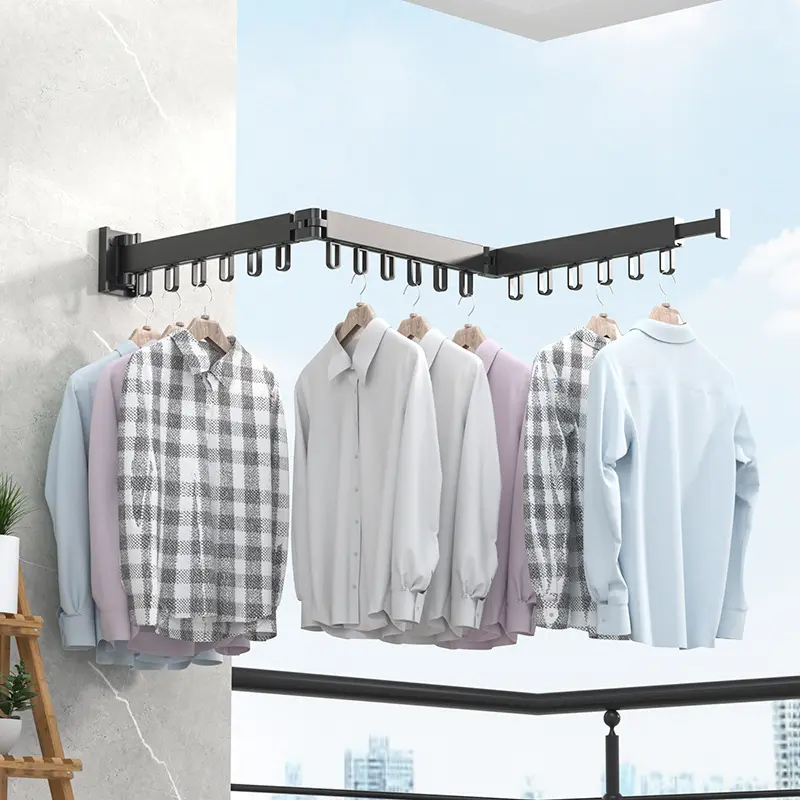 Wall Mounted Trifold Folding Clothes Drying Retractable Indoor Space Aluminum Punching Dry Cloth Rack Laundry Clothes Hangers