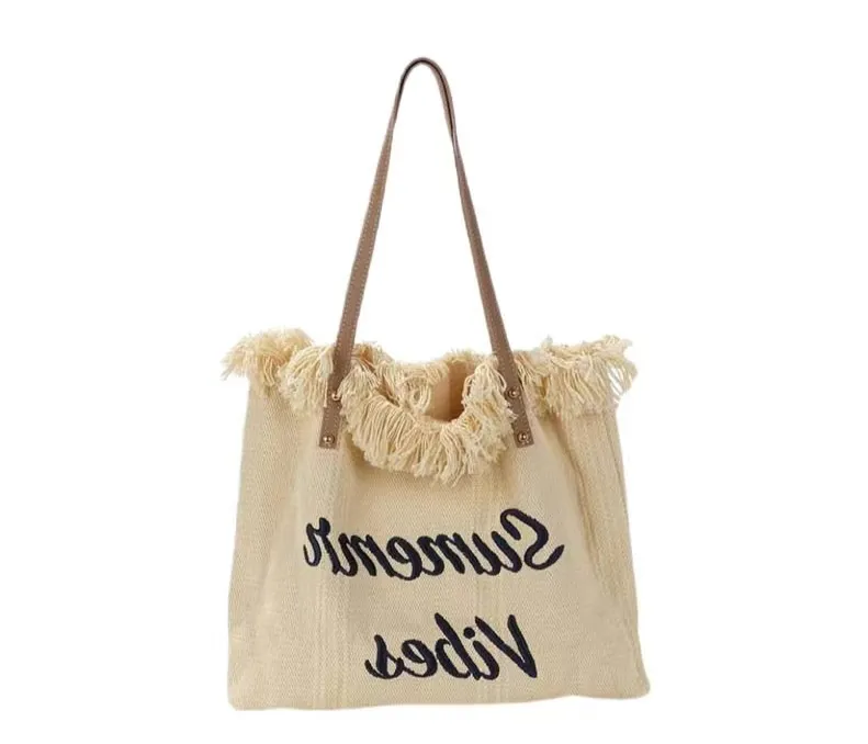 2023 New embroidery alphabet Single shoulder Tote bag everything large capacity portable shopping bag tassel canvas bag