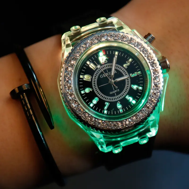 best sellers colorful unisex diamond fashion plastic analog watch led light luminous light watch geneva watch