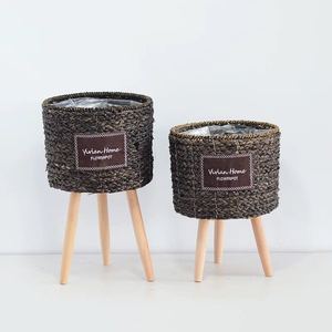 Straw woven flower <b>baskets</b>, woven flower pots with legs, flower stands, living room and balcony decorations, simple European - Product Image 2