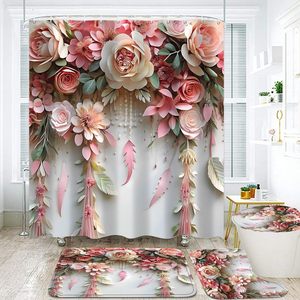 Fleur rose romantique et plante verte mignonne ensemble <span class=keywords><strong>de</strong></span> décoration <span class=keywords><strong>de</strong></span> <span class=keywords><strong>salle</strong></span> <span class=keywords><strong>de</strong></span> <span class=keywords><strong>bain</strong></span> en polyester floral avec rideau <span class=keywords><strong>de</strong></span> douche, tapis et accessoires - Product Image 1