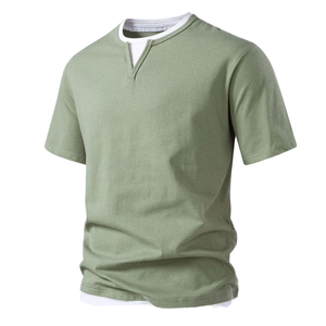 Camiseta Casual de Manga Corta para Hombre, Cuello en V Pequeño, Color Sólido, Diseño de Bloques, Tejido de Punto, para Jóvenes Adultos, Estilo Transfronterizo - Product Image 1
