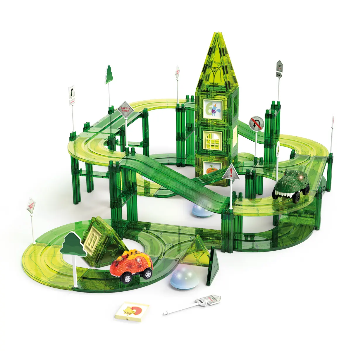 164pcs Dinosaur Car Race Track Magnetic Tile Toy Magnetic Blocks for Kids Magnetic Building Block Set Slot Toys