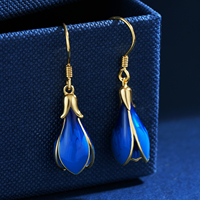 Boucles d'oreilles pendantes en forme de tulipe blanche et bleue plaquées or 18 carats YBO pour femmes, bijoux fins pour mariage ou fête, style tendance