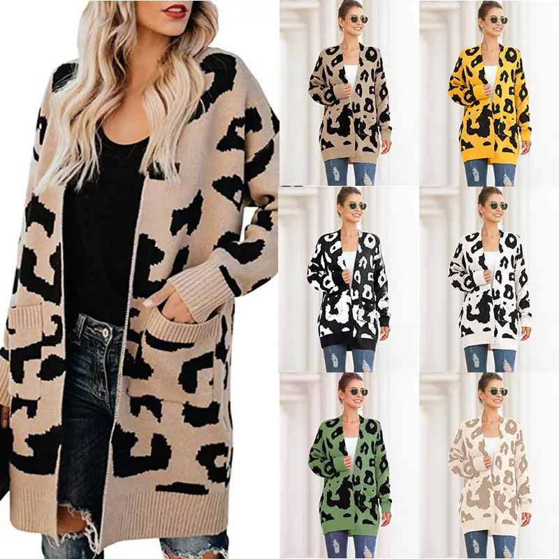 Women long cardigan sweater with pocket leopard knitted winter loose cardigan for women