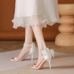 Heeled Sandals <b>Open</b> Toe Stiletto Heel High Heel Bow Decoration Pearl Chain Wedding Party Elegant Women's <b>Shoes</b> - Product Image 1