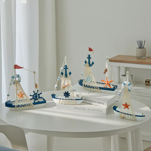 โมเดลเรือใบเมดิเตอร์เรเนียน ของตกแต่งสีน้ำเงินขาว ดีไซน์เชือกไม้ ของตกแต่งห้องนั่งเล่น แพ็คเกจหลายชิ้น - Product Image 1