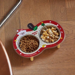 Double gamelle pour animaux de compagnie en acier inoxydable, design Pommes de Noël, pour chat et chien, pour eau et nourriture, avec support cervical et pieds surélevés - Product Image 4
