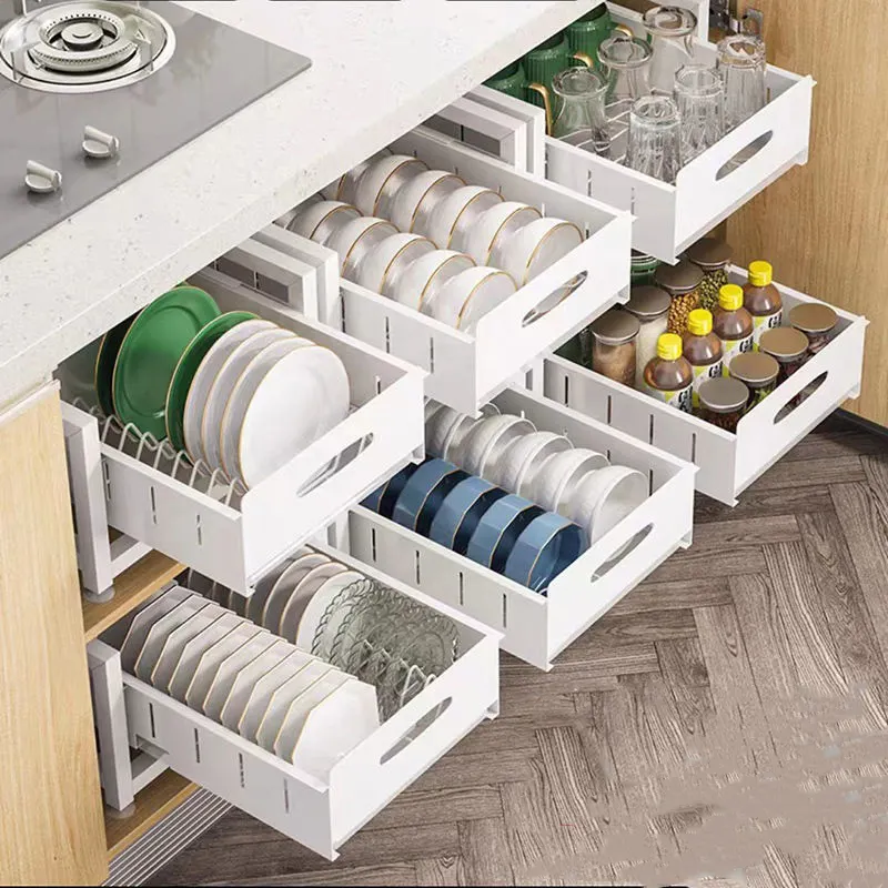 NISEVEN-Organizador de 2 niveles para cocina, cajón de acero extraíble, plato doble, estante escurrido para armario