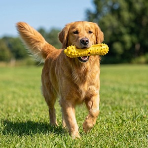 Jouet à mâcher pour chien en caoutchouc jaune personnalisé avec texture rugueuse et fentes pour distribuer des friandises pour un jeu interactif - Product Image 6
