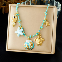 Collar de Cadena de Bambú de Acero Inoxidable Chapado en Oro de la Serie Ocean Element, con Colgante de Estrella de Mar, Tortuga, Concha, Vida Marina, Unisex