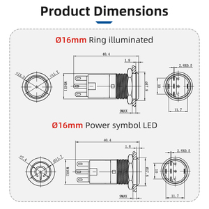 12V chuyển đổi tạm thời thường đóng kim loại 16mm 1no1nc 2no2nc dẫn vòng chiếu sáng không thấm nước IP67 điện biểu tượng <span class=keywords><strong>push</strong></span> <span class=keywords><strong>button</strong></span> - Product Image 5