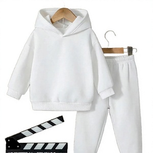Ensemble sweat-shirt à capuche blanc pour garçons, survêtement décontracté de couleur unie à manches longues, pantalon en coton d'automne, coupe régulière, vêtements pour enfants - Product Image 1
