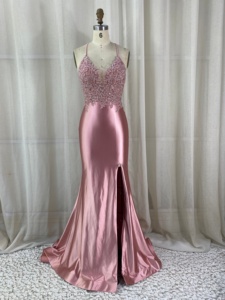 Robe de bal en satin brodée de dentelle et strass, fente haute, pour banquet, <span class=keywords><strong>demoiselle</strong></span> <span class=keywords><strong>d</strong></span>'<span class=keywords><strong>honneur</strong></span>, soirée, finition brillante ou mate, directement de l'usine - Product Image 5