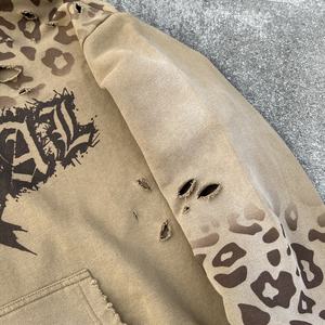 Sudadera con Capucha Vintage Personalizada para Hombre, de Algodón, Felpa Francesa, Gruesa, con Estampado de Leopardo, Cierre de Cremallera, Estilo Holgado, Lavado Ácido, Desgastada - Product Image 4