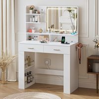 Coiffeuse moderne en MDF avec miroir LED, multiprise, éclairage 3 couleurs, 2 tiroirs, 9 étagères et support pour sèche-cheveux