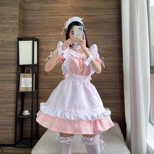 Zixiao Maid Costume Pink White Lolita Dress With Apron And Hat For Women Adult Cosplay Game Outfit Summer 2022 - Product Image 1