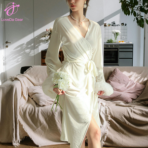 Loveda personalizzato ricamo donna estate Casual Homewear Sexy tinta unita piuma <span class=keywords><strong>camicia</strong></span> <span class=keywords><strong>da</strong></span> <span class=keywords><strong>notte</strong></span> a maniche lunghe - Product Image 4