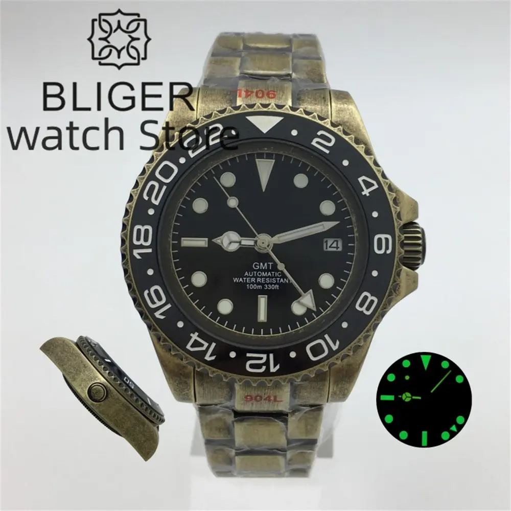 BLIGER Bronce 43mm Reloj para hombre Esfera negra Movimiento NH34 Cristal de zafiro Pulsera de acero inoxidable Bisel de cerámica luminoso verde