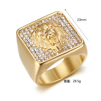 Bague Lion 2 Tons en Acier Inoxydable 316L Plaqué Or Diamant Taille Brillant Hip Hop Serti de Pierre Glacé Bijoux pour Homme